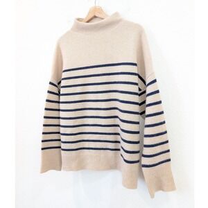 Magaschoni Cashmere Striped Mock Neck Sweater Tan Navy Blue Large L Coastal Chic